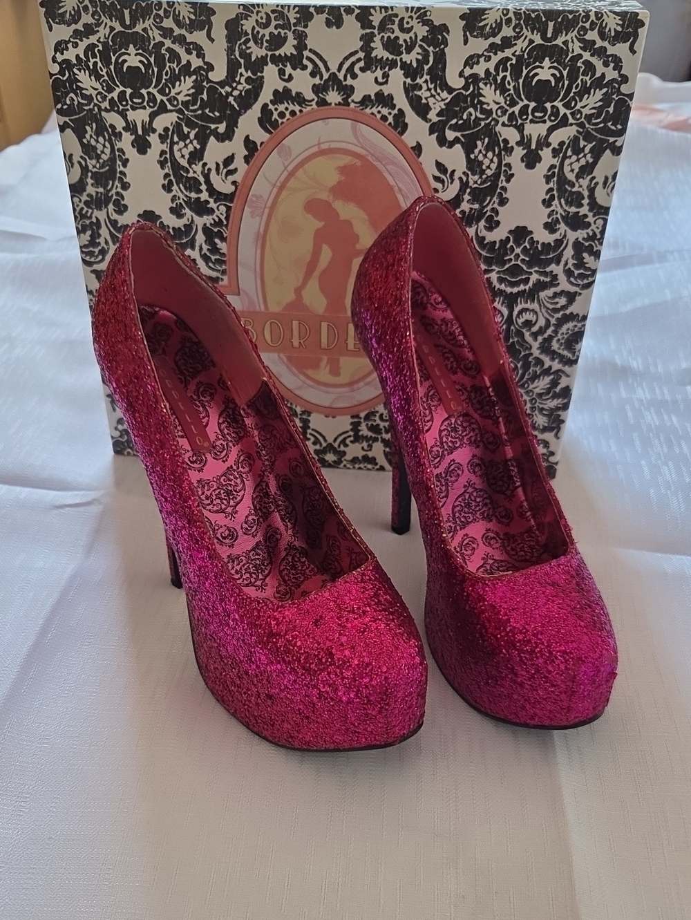 Bordello Hot Pink Glitter Platform Stiletto Pumps
